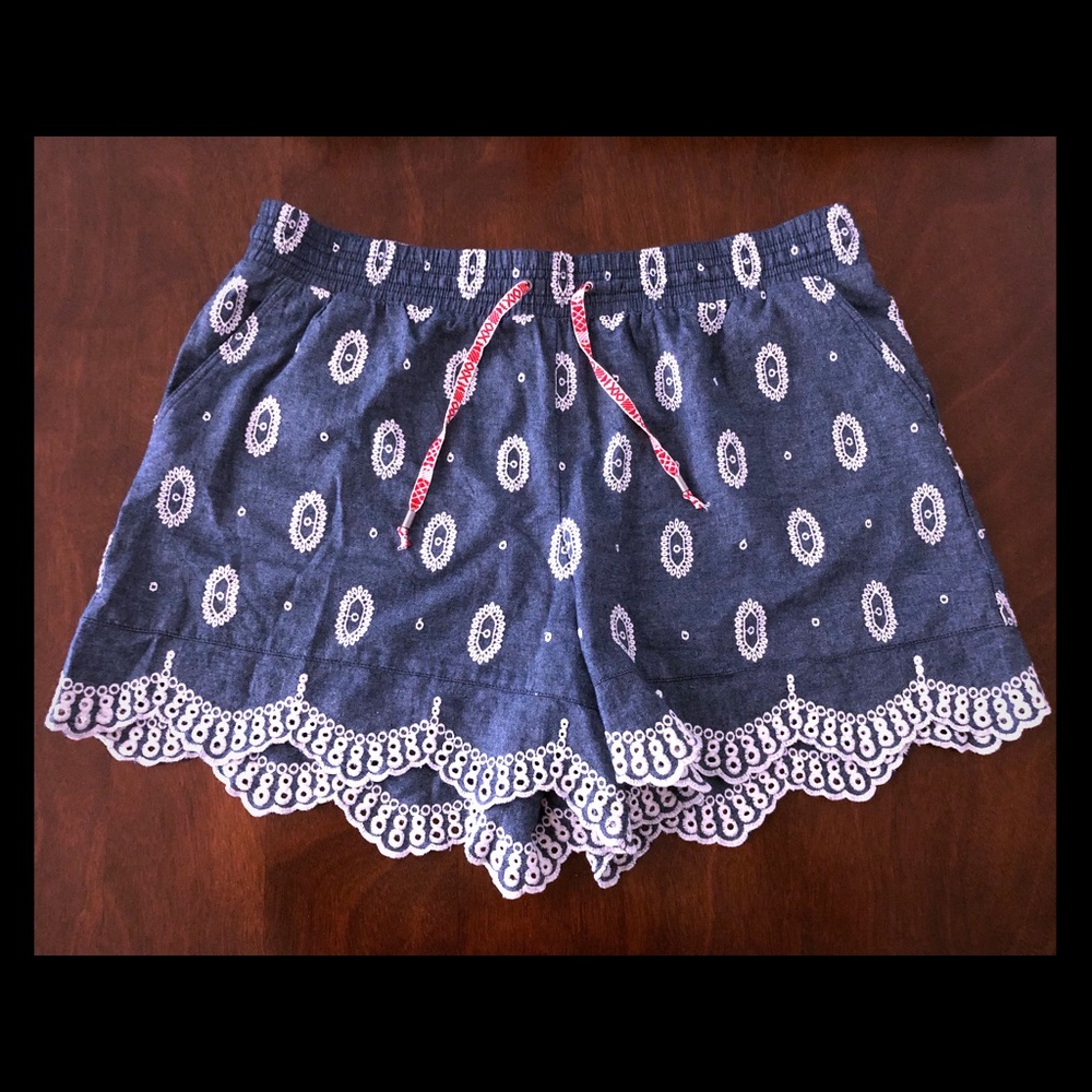 Anthropologie Navy Shorts with White Lace and Pink Drawstring